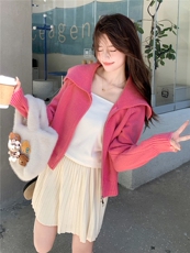 慵懒风双拉链海军领针织开衫女秋冬新款韩系宽松减龄短款毛衣外套，女装针织衫/毛衣，水衣源