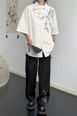 风套装男士夏季竹子刺绣痞帅高级感冰丝衬衫男装新中式两件套，男装衬衫，星座505-2（原电商A260-1)