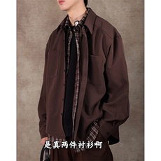 美式休闲假两件格子领带装饰长袖衬衫男宽松百搭开衫外套JA6763，男装衬衫，星座1116A（原606A-3）