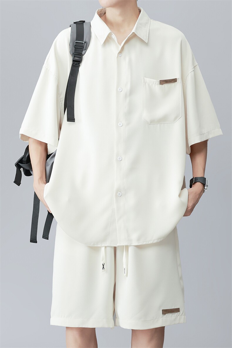 wassuphappy冰丝短袖衬衫套装男款夏季潮牌宽松两件套一整套搭配,男装休闲套装,电商A082