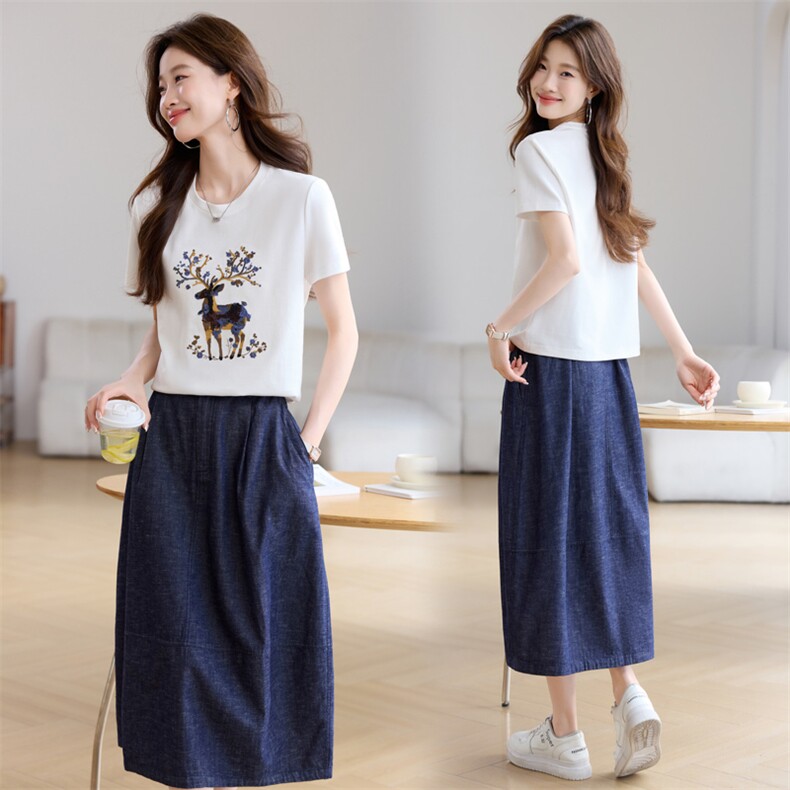 时尚休闲套装裙女2026夏季洋气减龄印花针织T恤牛仔半身裙两件套，女装套装/套裙，简韵佳
