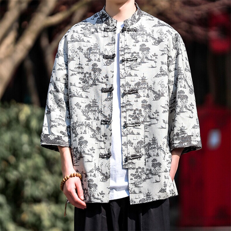 风新款七分袖立领盘扣衬衫开衫A021-KS518-P75控98,男装衬衫,电商A021