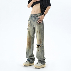 B221美式ins高街暗黑宽松直筒破洞喷墨乞丐牛仔裤LK24202-P60控78，男装牛仔裤，电商B221