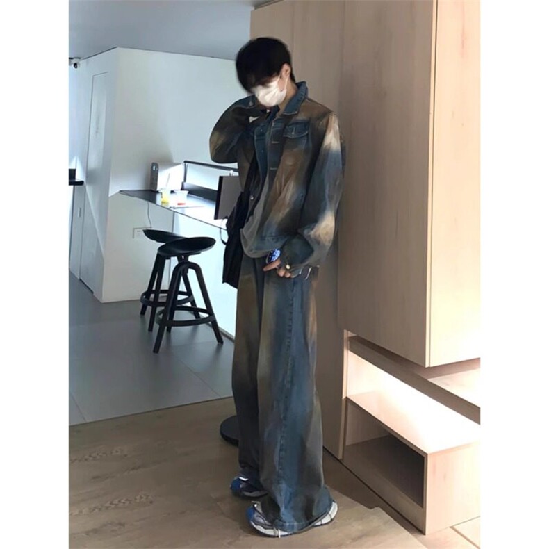美式短款牛仔外套男高级感痞帅设计感水洗做旧脏染垫肩牛仔衣夹克,男装工装外套,星座908-1