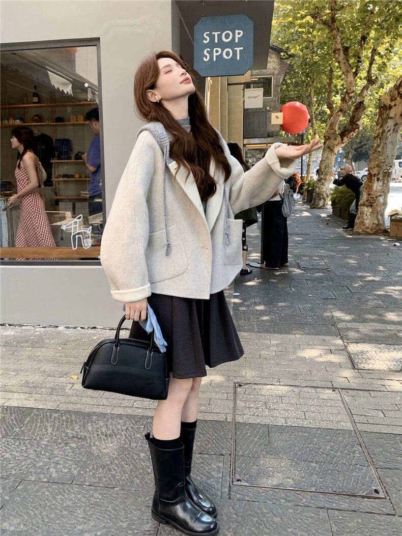 现货新款秋冬新款针织连帽拼接长袖羊绒外套女短款双面羊绒大衣潮,女装双面呢大衣,网红馆