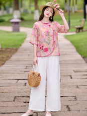 现货新中式刺绣印花套装女夏季新款复古盘扣上衣减龄两件套女，女装套装/套裙，韩蔻秀