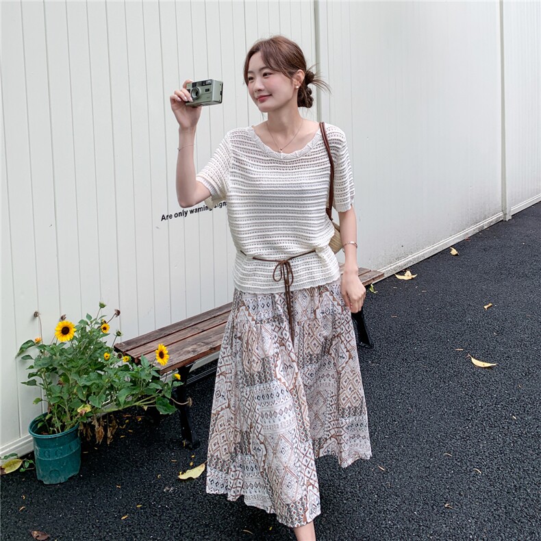 法式复古民族风半身裙套装女夏镂空针织衫气质通勤两件套,女装套装/套裙,维壹