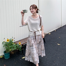 法式复古民族风半身裙套装女夏镂空针织衫气质通勤两件套，女装套装/套裙，维壹