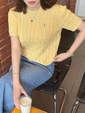 夏季宽松短袖女复古麻花低圆领针织衫百搭修身T恤上衣，女装T恤，半城羊绒