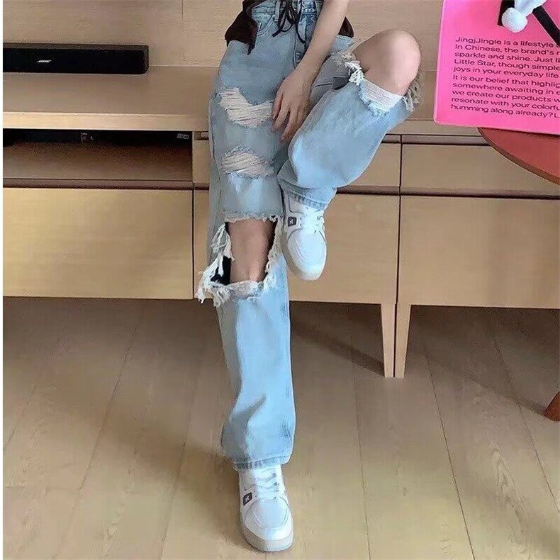 时尚大破洞直筒牛仔裤女夏季新款显高腰露膝盖街头乞丐阔腿长裤,男装牛仔裤,星座506A