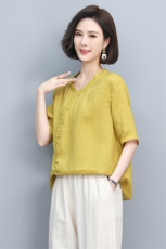 棉麻T恤女夏2025新款短款宽松休闲中年妈妈复古大码上衣亚麻小衫，女装T恤，天丽
