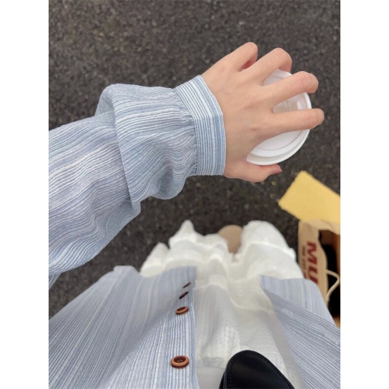 TC582-P45韩版气质竖条纹翻领衬衫女装长袖宽松开衫polo防晒上衣,女装衬衫,星座617A-2
