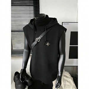 可拆卸帽子背心百搭坎肩短袖T恤痞帅背心黑武士风1016-1 T338 P43，男装背心/马甲，星座1016-1（原电商B408-1）