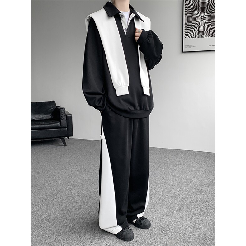 5XL-M潮流高级感披肩撞色拼接翻领百搭卫衣宽松弯刀长裤TZ113P118图片
