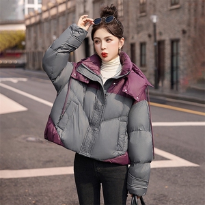 时尚撞色短款羽绒服女2024冬季新款加厚连帽保暖白鸭绒面包服外套图片