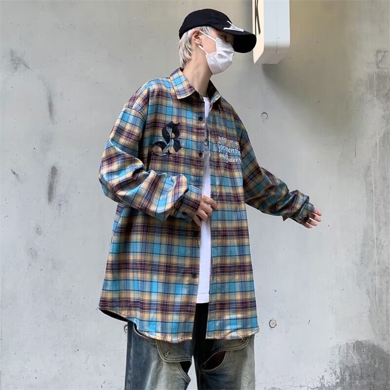 美式街头复古格子长袖衬衫男潮牌嘻哈刺绣宽松CS128-P46,男装衬衫,星座1109-3