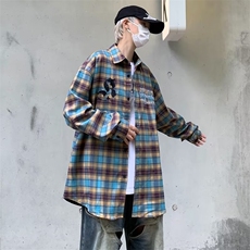美式街头复古格子长袖衬衫男潮牌嘻哈刺绣宽松CS128-P46，男装衬衫，星座1109-3