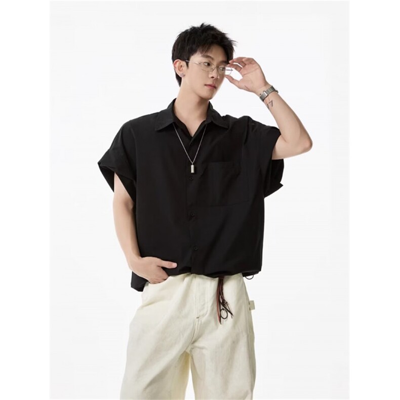WE1576-P452025夏季新款宽松休闲抽绳下摆工装短袖衬衫,男装T恤,电商B323A