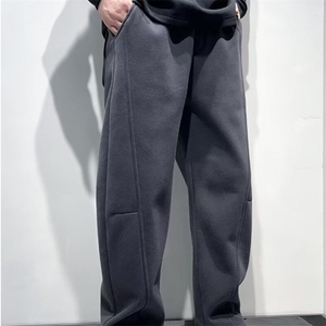 冬季新款青年结构拼接宽松加绒直筒裤男休闲抽绳弹力平口休闲裤图片