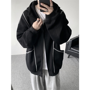 美式重磅立体硬挺卫衣男春秋潮牌设计感连帽开衫廓形外套KS004P68图片