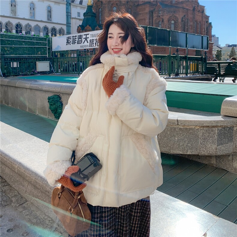 白色羊羔毛拼接羽绒服女2025冬季新款中长款加厚保暖外套小个子,女装羽绒服,2C259