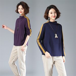 2021春秋装新款文艺条纹撞色高领打底衫韩版休闲t恤女长袖宽松图片