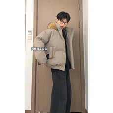 现货三防重磅硬挺boxy短款羽绒棉衣座山雕大毛毛领PU皮棉服外套冬，男装棉衣，电商A443