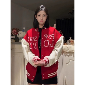 【有货】DW1013-P95 春秋珍珠红色拼接棒球服夹克图片