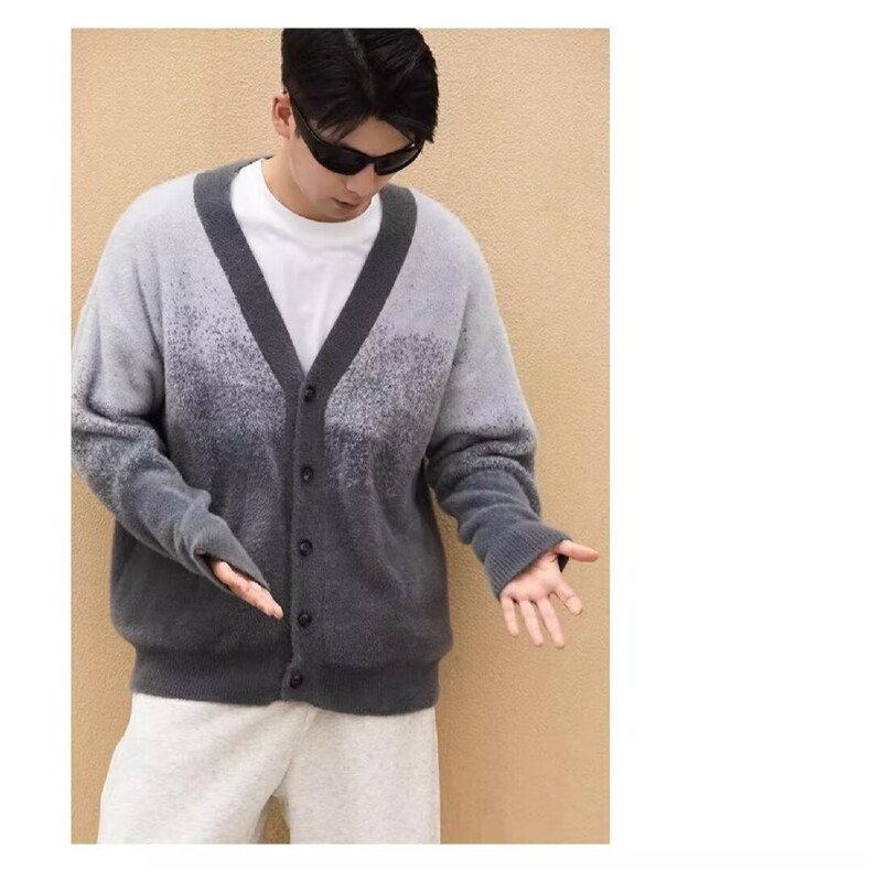 复古渐变毛绒V领开衫毛衣男生秋冬季宽松慵懒百搭针织衫情侣外套,男装针织衫/毛衣,星座506A