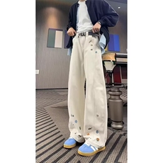 港风春款男女休闲裤刺绣款弯刀拼接直筒长裤H3073P55，男装休闲裤，星座1013-1