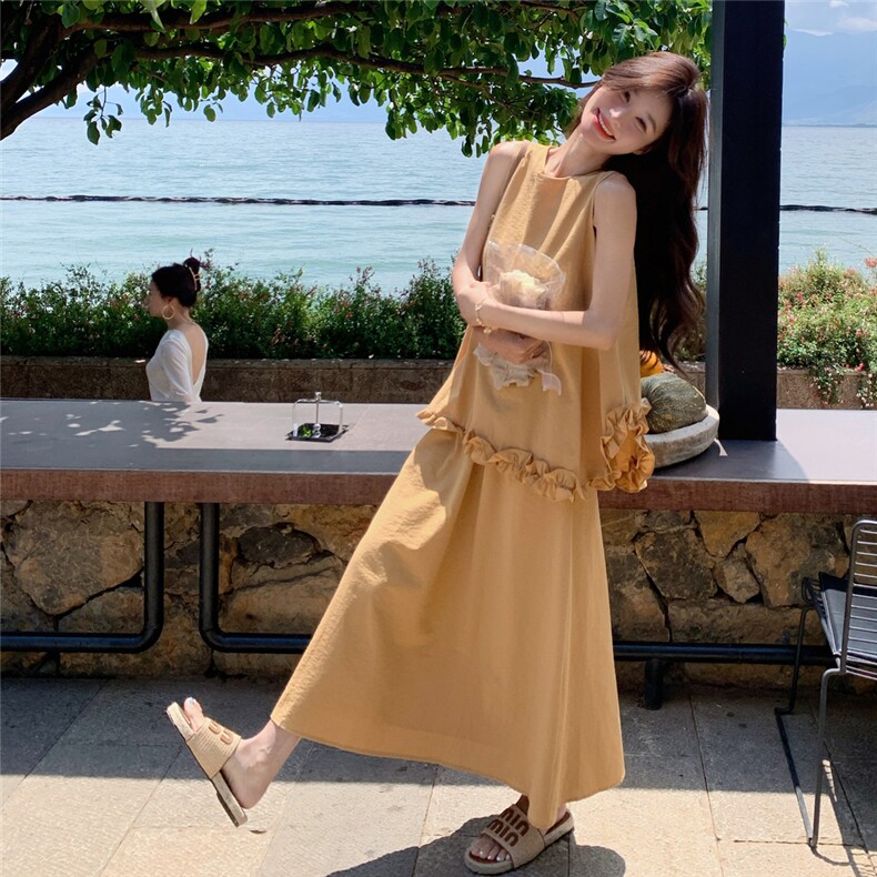 黄色木耳边无袖背心半身裙套装女2025夏新款韩系甜美小个子两件套,女装套装/套裙,2C159