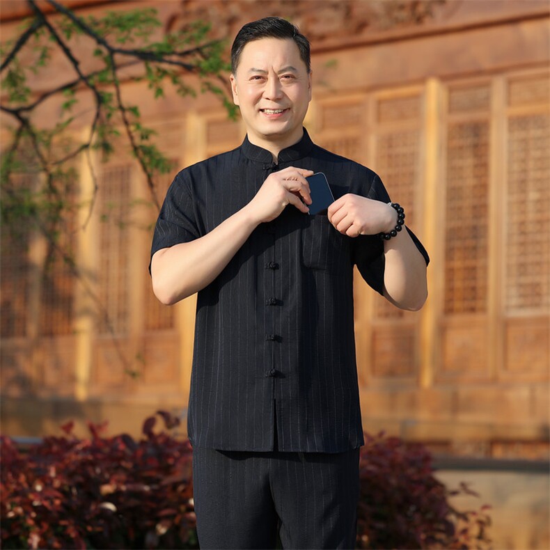 中老年风唐装夏季短袖衬衫套装男士唐装中式盘扣短袖T恤,男装民族服装,钱塘723
