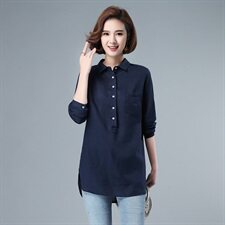 2021年秋季中长款亚麻衬衫女40-49周岁96%及以上POLO领套头上衣，女装衬衫，伊满意