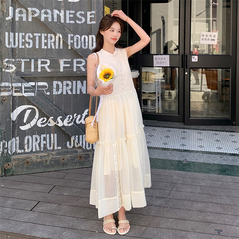 法式米白色无袖连衣裙女2025夏季新款超好看绝美温柔减龄显瘦长裙,女装连衣裙,2C260