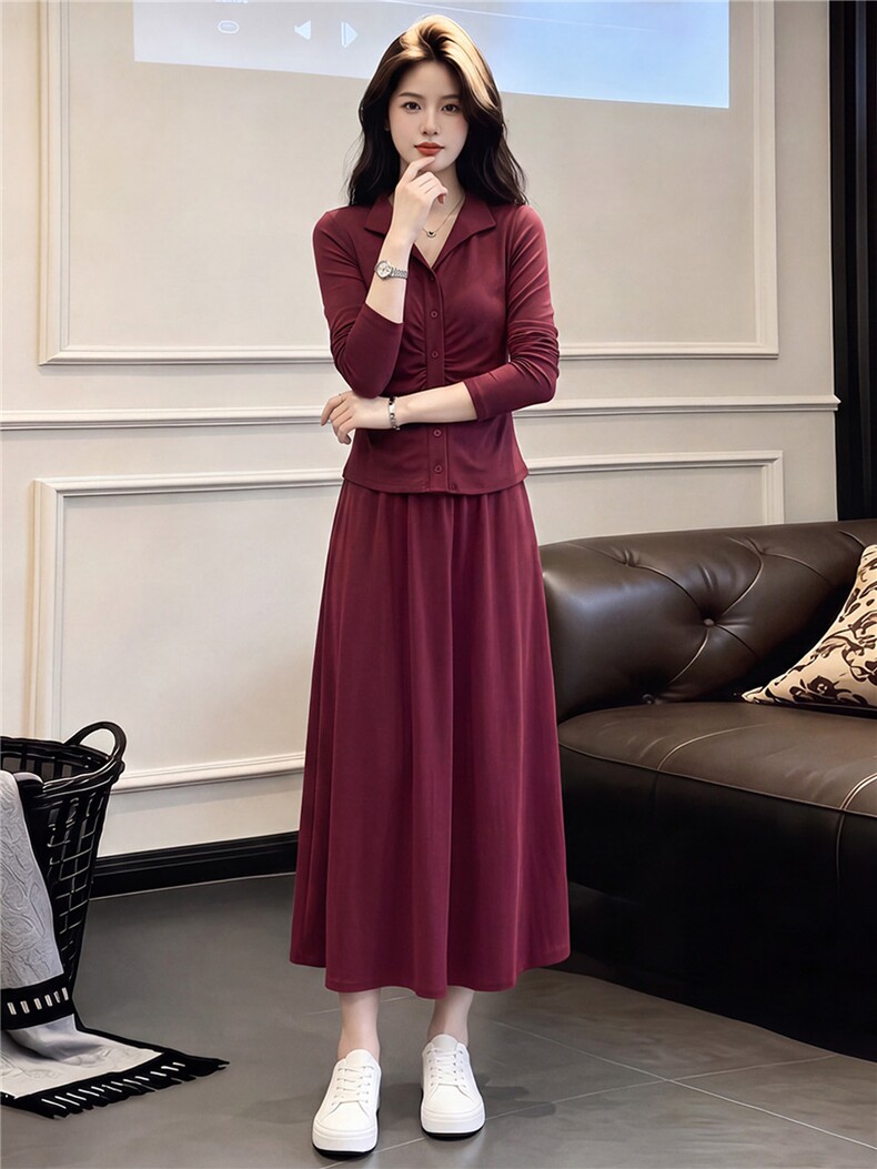 韩版时尚套装裙女春秋款高级感显瘦V领纽扣设计上衣半身裙两件套,女装套装/套裙,江南