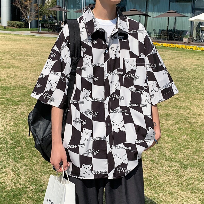 2023夏大码趣味卡通小熊冰丝垂感男嘻哈翻领沙滩短袖衬衫C881-P30，男装衬衫，电商A001