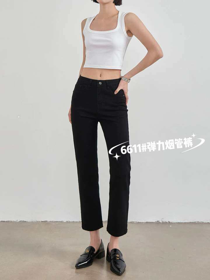 2025年夏季微弹九分牛仔烟管裤时尚百搭通勤简约,女装牛仔裤,湘姗