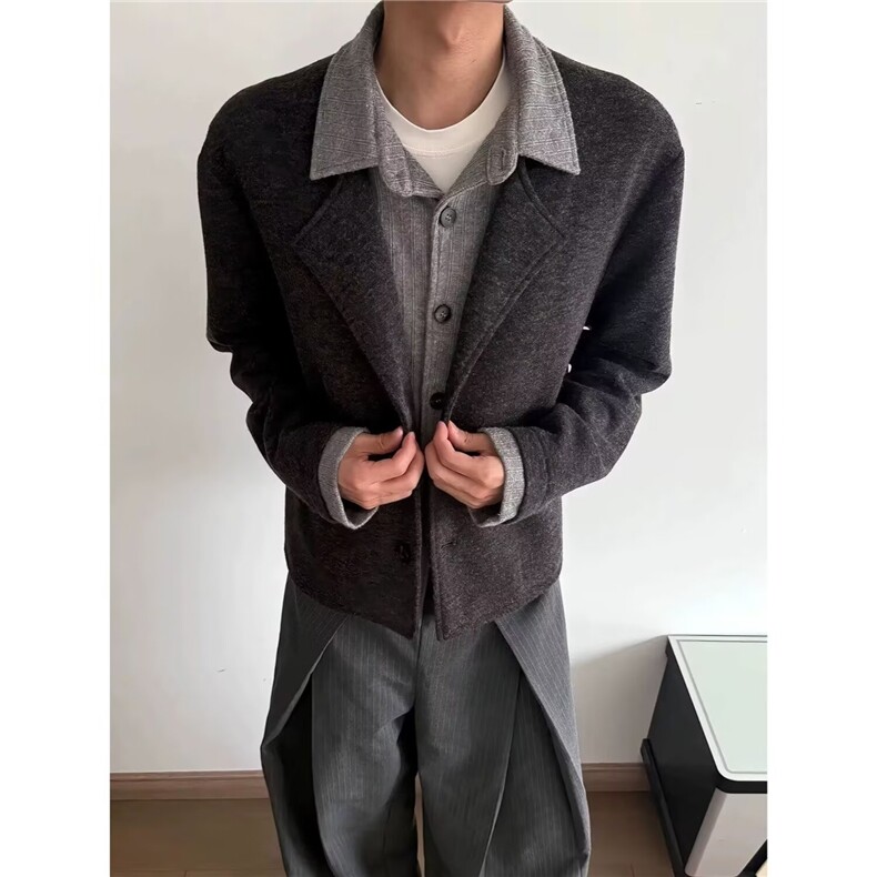 韩chic秋冬复古小众翻领单排扣宽松百搭休闲纯色短款毛呢外套女,女装短外套,星座506A