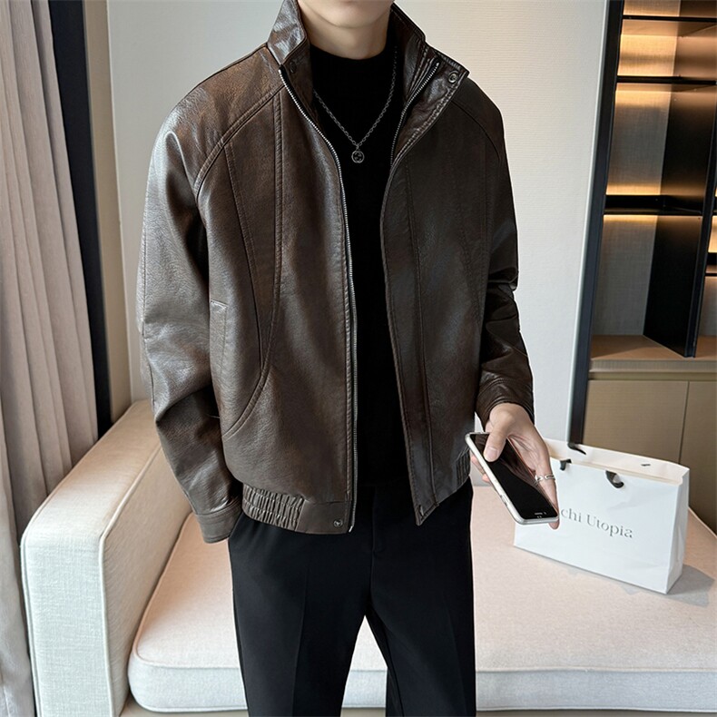 加绒皮衣新款老钱风男士加绒皮衣翻领高品质短款风衣PY71-120,男装风衣,电商B278