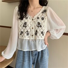 高品质！森系风袖子可直接防晒！2021年新款V领宽松长袖衬衣刺绣设计感小众法式衬衫ins上衣女，女装衬衫，潮品会