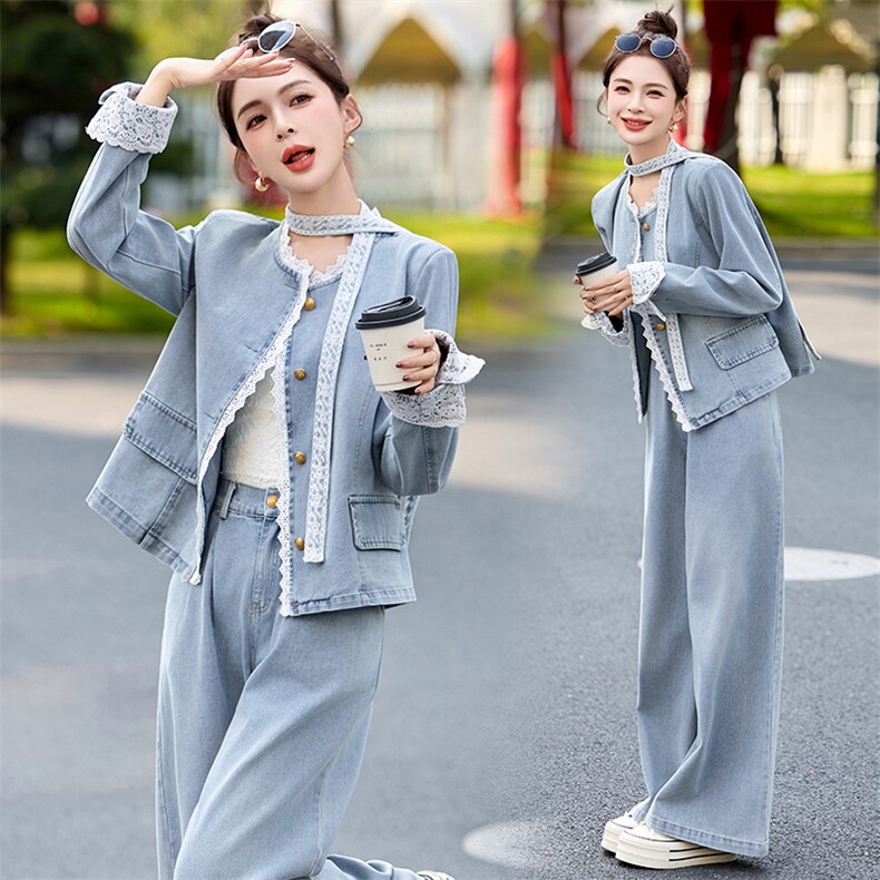 蕾丝拼接牛仔阔腿裤套装女春秋2025新款两件套独特绝美超火高级感,女装套装/套裙,2B115