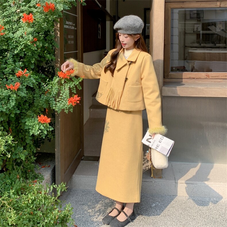 【冬日新品】牛角扣大口袋白鸭绒毛呢套装裙2D148-A357-P255-K380,女装套装/套裙,2D148