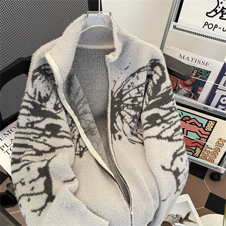 秋冬款美式复古潮牌蝴蝶开衫针织毛衣男女慵懒风软糯宽松情侣外套,男装针织衫/毛衣,星座410-7