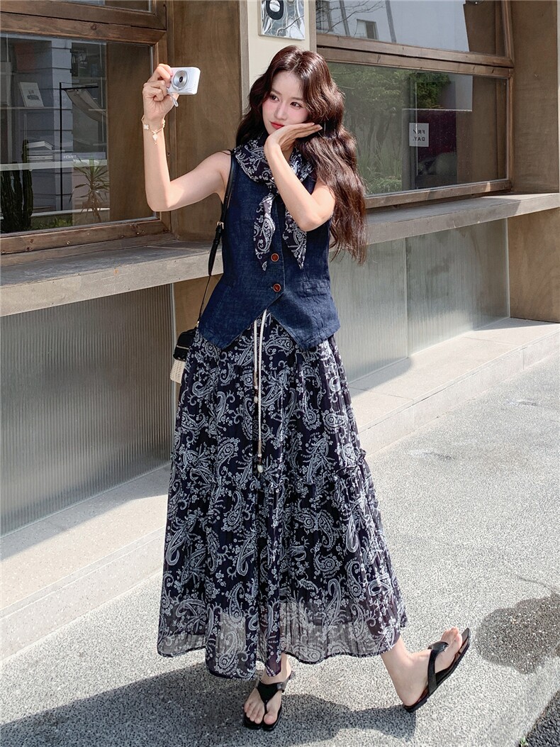 《26夏上新》水洗薄牛仔收腰马甲+波西米亚半裙两件套裙子女,女装套装/套裙,苗苗