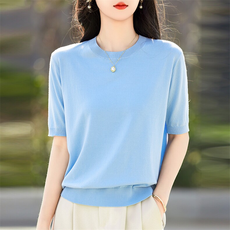针织天丝圆领短袖t恤女2025新款夏微透薄款百搭凉感半袖体恤上衣,针织衫/毛衣,鹿一羊绒