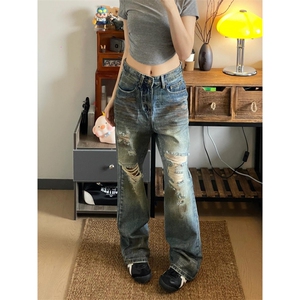 【网图有货】破洞牛仔裤男美式高街vibe裤子直筒NZ010LL-特P55图片