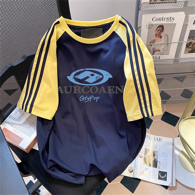 夏季美式高街重磅纯棉三条杠织带插肩撞色男女短袖T恤CZ90-特P25,男装T恤,电商A486