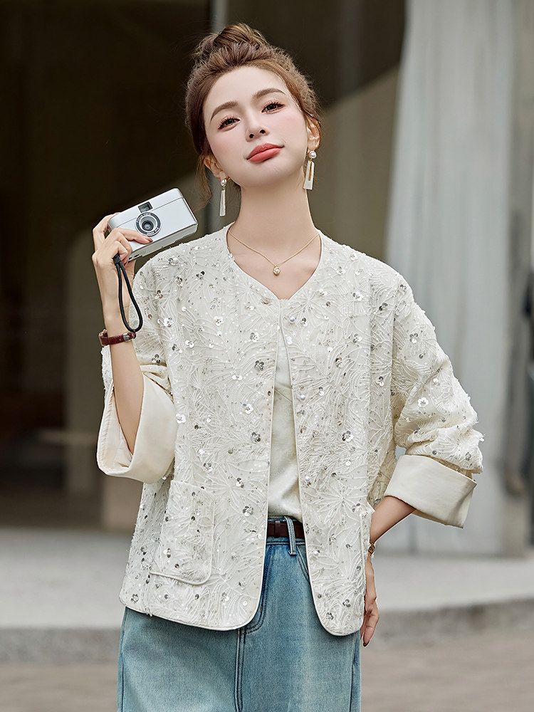 新中式重工刺绣短外套女2025春秋新款小香风国风亮片宽松汉服上衣,女装短外套,天丽