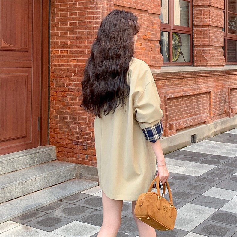 卡其色复古撞色格纹拼接风衣外套女春秋2025新款独特超好看高级感,女装风衣,2C037