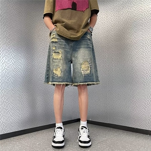 水洗日系牛仔裤青春流行五分裤夏季潮流男破洞纽扣潮宽松直筒图片